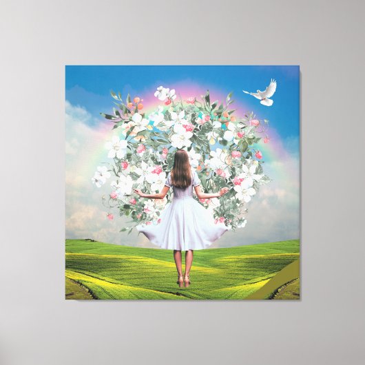 White Dress Girl Bouquet Rainbow Sky Collage Canvas Afdruk (Voorkant)