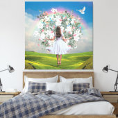 White Dress Girl Bouquet Rainbow Sky Collage Canvas Afdruk (Insitu (Slaapkamer))