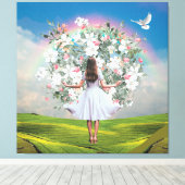White Dress Girl Bouquet Rainbow Sky Collage Canvas Afdruk (Insitu (Houten vloer))