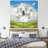 White Dress Girl Bouquet Rainbow Sky Collage Canvas Afdruk (Insitu (Slaapkamer))
