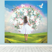 White Dress Girl Bouquet Rainbow Sky Collage Canvas Afdruk (Insitu (Houten vloer))