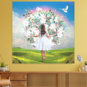 White Dress Girl Bouquet Rainbow Sky Collage Canvas Afdruk (Insitu (Woonkamer))
