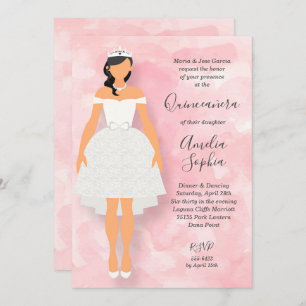 White dress on Pink Quinceanera Invitation