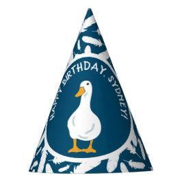 White Duck and Feathers Navy Blue Birthday Feesthoedjes