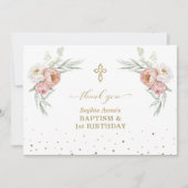 White Dusty Roos Floral 1st Birthday Baptisme Bedankkaart (Voorkant)