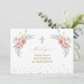 White Dusty Roos Floral 1st Birthday Baptisme Bedankkaart (Staand voorkant)