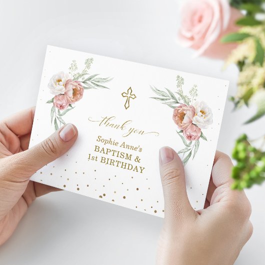 White Dusty Roos Floral 1st Birthday Baptisme Bedankkaart