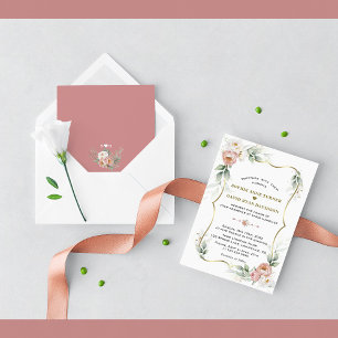 White Dusty Roos Floral Gold Airy Greenery Wedding Kaart
