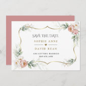 White Dusty Roos Floral Gold Airy Greenery Wedding Save The Date (Voorkant / Achterkant)