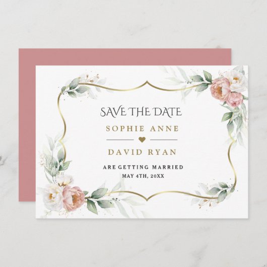 White Dusty Roos Floral Gold Airy Greenery Wedding Save The Date (Voorkant / Achterkant)