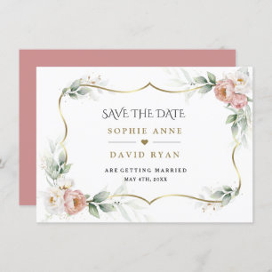 White Dusty Roos Floral Gold Airy Greenery Wedding Save The Date