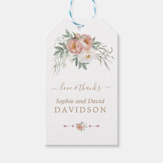 White Dusty Roos Floral Gold Greenery Wedding Cadeaulabel (Voorkant)