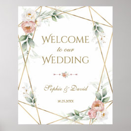 White Dusty Roos Floral Gold Greenery Wedding Sign Poster