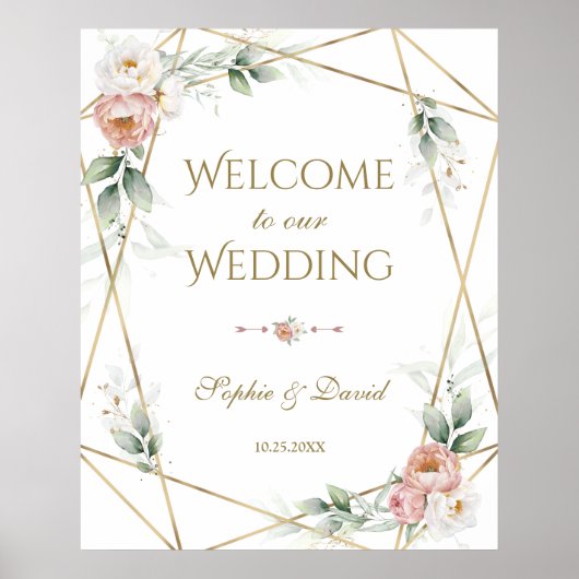 White Dusty Roos Floral Gold Greenery Wedding Sign Poster (Voorkant)