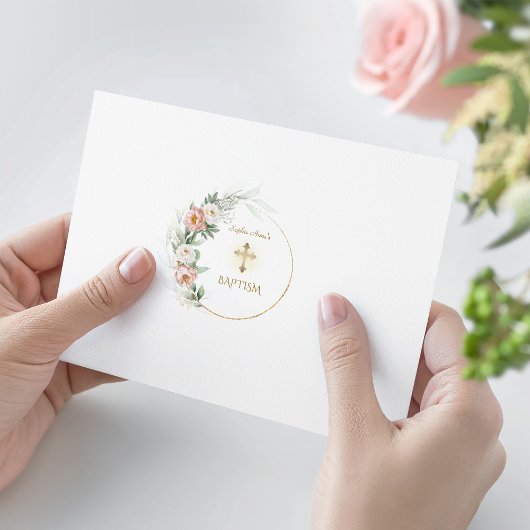 White Dusty Roos Floral Photo Girl Baptisme Kaart