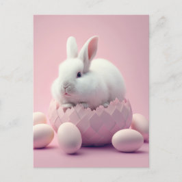 White Easter Bunny and Eggs Pink Background Briefkaart