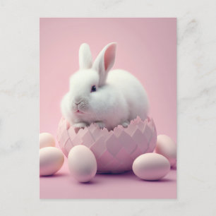 White Easter Bunny and Eggs Pink Background Briefkaart