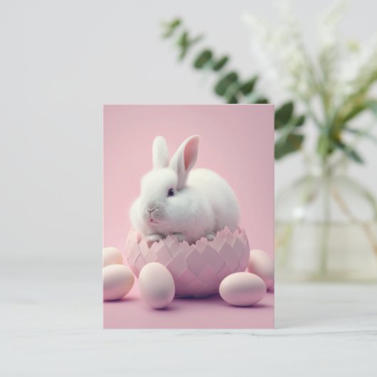 White Easter Bunny and Eggs Pink Background Briefkaart (Staand voorkant)