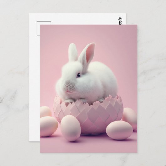 White Easter Bunny and Eggs Pink Background Briefkaart (Voorkant / Achterkant)