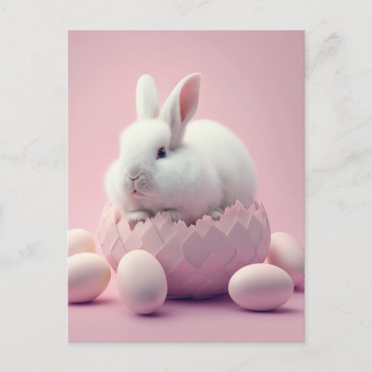 White Easter Bunny and Eggs Pink Background Briefkaart (Voorkant)