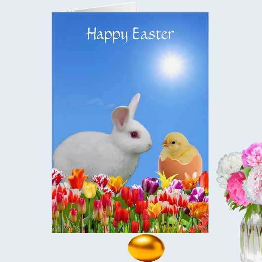 White Easter Bunny, Tulips & Chick on Sky Blue