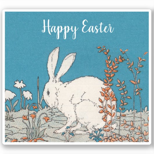 White Easter Rabbit Sitting in Oranje White Flower Sticker (Voorkant)