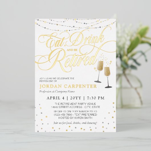 White Eat-Drink wordt gepensioneerd Folie Uitnodiging (Staand Voorkant)
