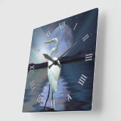 White Egret, Full Moon & Aurora Wildlife Scene Vierkante Klok (Hoek)