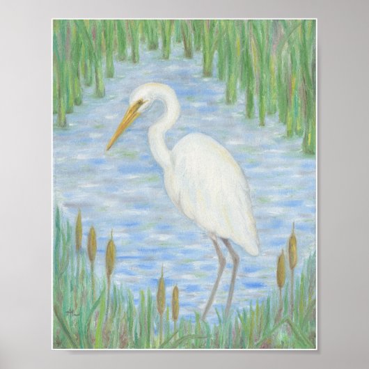 White Egret in Cattail Marsh art print (Voorkant)
