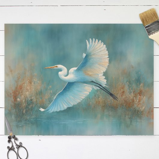 White Egret in Flight Waterverf Decoupage Tissuepapier