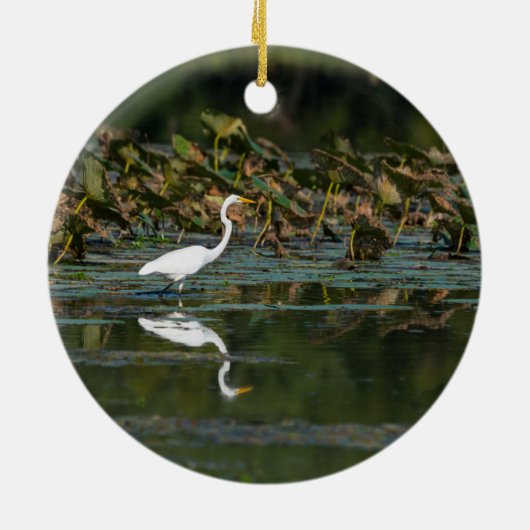 White Egret Reflection Keramisch Ornament (Achterkant)