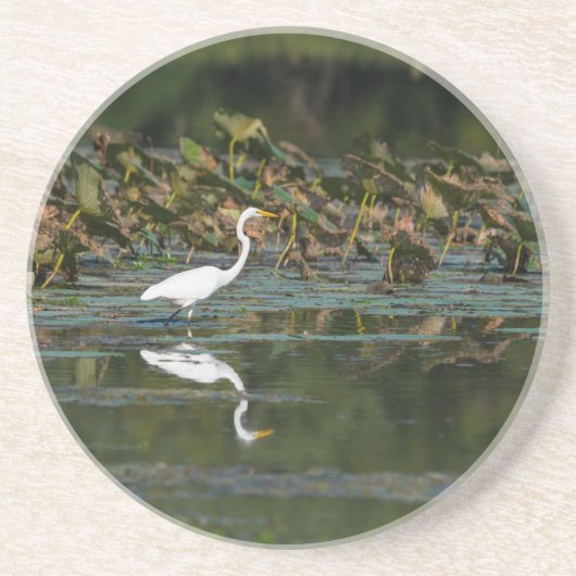 White Egret Reflection Zandsteen Onderzetter (Voorkant)