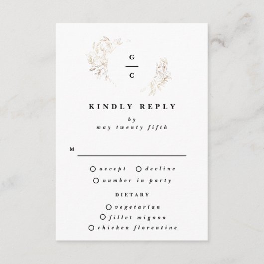 White Elegant Botanical Monogram Weddenschap RSVP Kaartje (Voorkant)