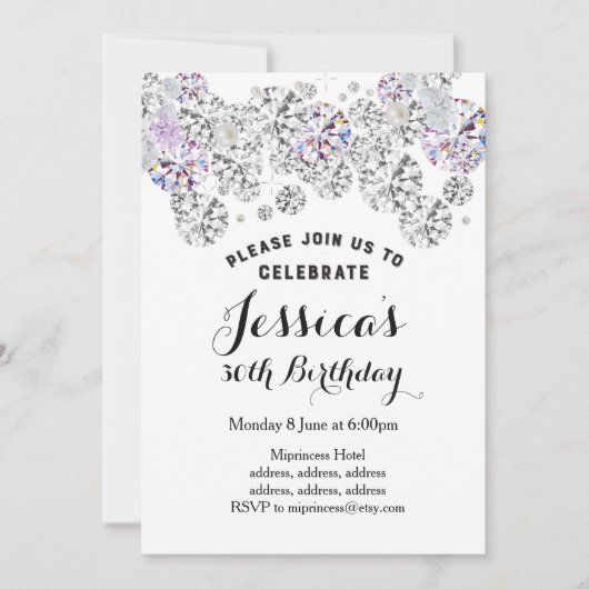 WHITE elegant diamant, glitter verjaardagsuitnodig Kaart (Voorkant)