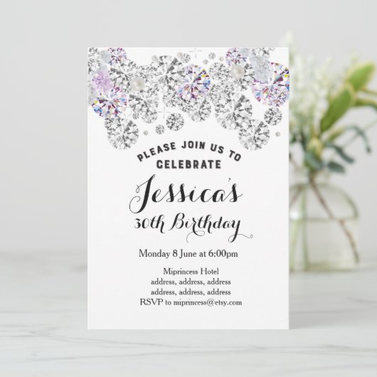 WHITE elegant diamant, glitter verjaardagsuitnodig Kaart (Staand voorkant)