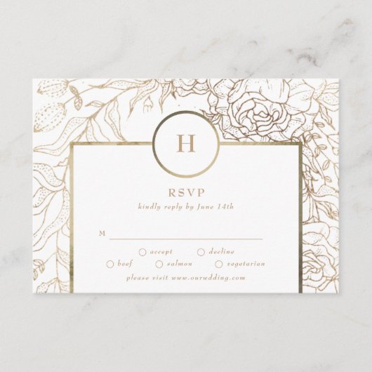 White Elegant Gold Monogram Wreath Wedding RSVP Ca (Voorkant)