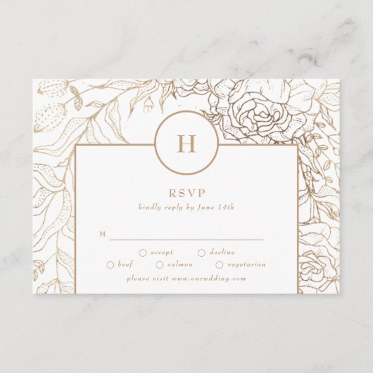 White Elegant Gold Monogram Wreath Wedding RSVP Kaartje (Voorkant)