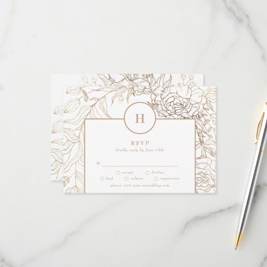 White Elegant Gold Monogram Wreath Wedding RSVP Kaartje (Voorkant / Achterkant in situ)
