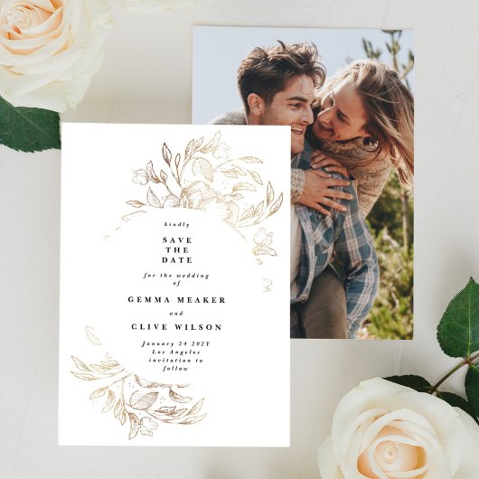 White Elegant Hand Drawn Botanical Wedding Photo Save The Date