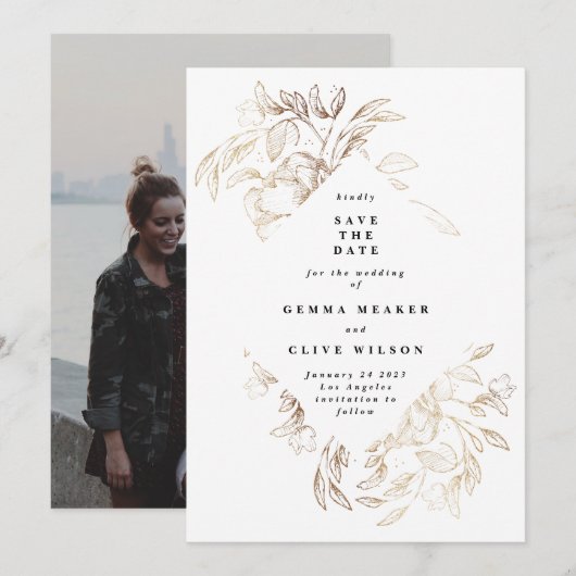 White Elegant Hand Drawn Botanical Wedding Photo Save The Date (Voorkant / Achterkant)