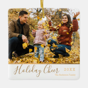 White Elegant Holiday Cheer Faux Gold Photo Keramisch Ornament