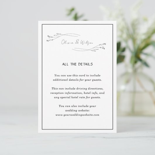 White Elegant Minimalist Botanical Wedding Details Informatiekaartje (Staand voorkant)