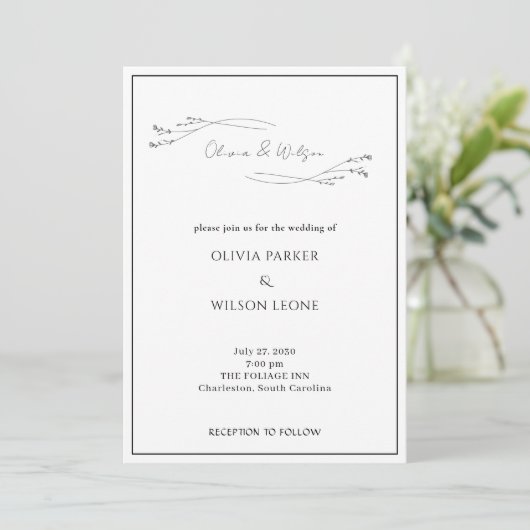 White Elegant Minimalist Botanical Wedding Kaart (Staand voorkant)