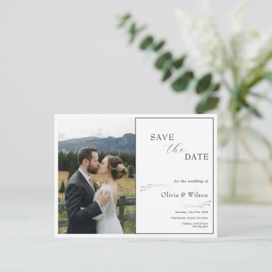 White Elegant Minimalist With Photo Save the Date Briefkaart (Staand voorkant)