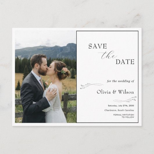 White Elegant Minimalist With Photo Save the Date Briefkaart (Voorkant)
