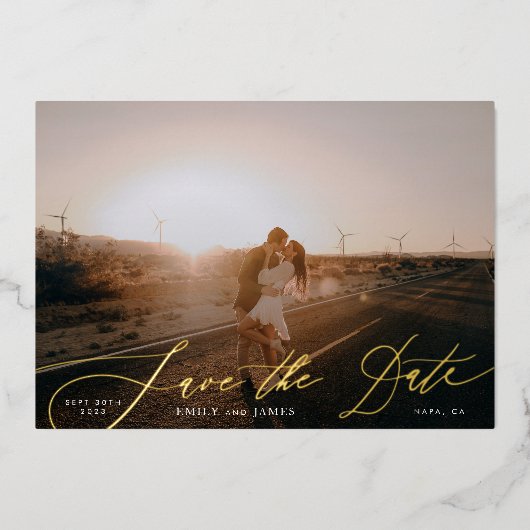 White Elegant Photo QR Code Gold Save Date Folie Uitnodiging (Voorkant)