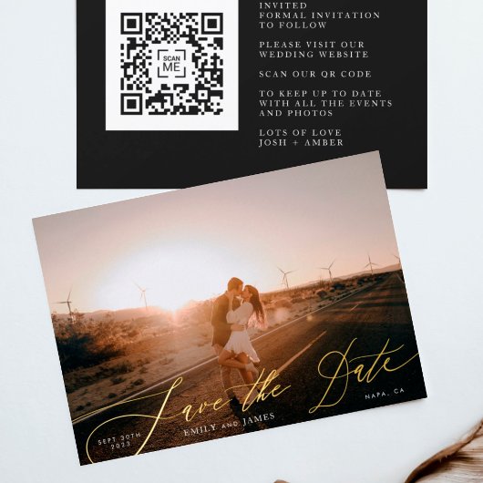 White Elegant Photo QR Code Gold Save Date Folie Uitnodiging