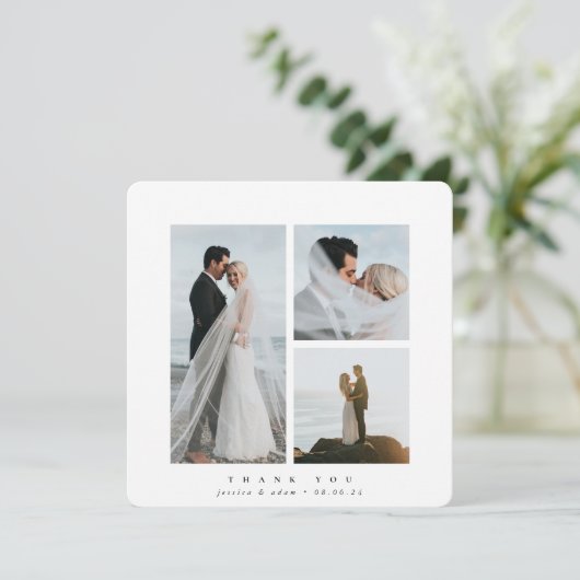 White Elegant Square Three Photo Wedding Bedankkaart (Staand voorkant)