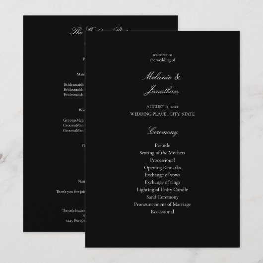 White Elegant Wedding Ceremony Program - Black Kaart (Voorkant / Achterkant)