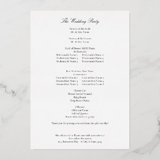 White Elegant Wedding Ceremony Program Folie Uitnodiging (Achterkant)
